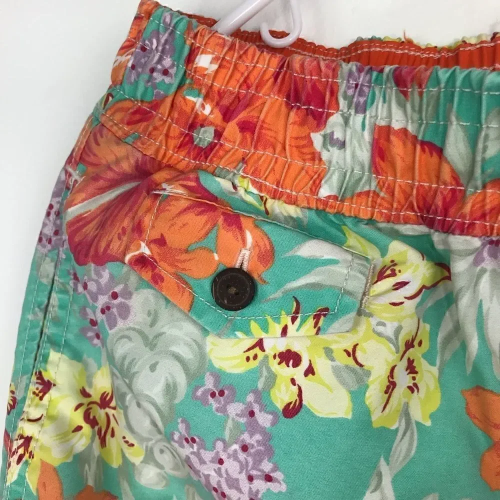 Polo Ralph Lauren Teal and Orange Hibiscus Tropical Print Swim Trunks